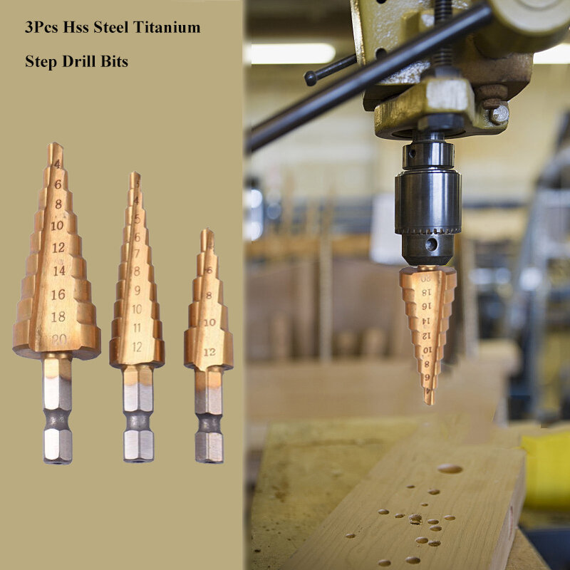 Brocas aço titânio 3-12mm 4-12mm 4-20mm, 3 pçs hss ferramenta de corte cônico passos para trabalhar madeira metal
