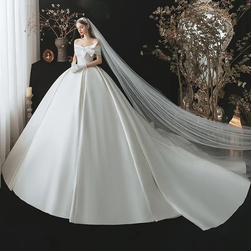 Luxury elegant bride Wedding A-line Sweetheart satin bow halter strap pompadour dress auditorium pastoral romantic wedding