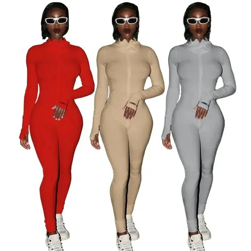 여성용 화이트 니트 섹시한 바디콘 럭키 라벨 점프수트, 2024 긴 소매 스키니 롬퍼, 여성 점프수트, 스트리트웨어