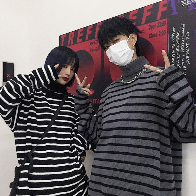 Herbst Winter Rollkragen Männer Langarm Pullover Vintage Striped Print Koreanische Mode Harajuku Übergroßen Pullover Paar Kleidung