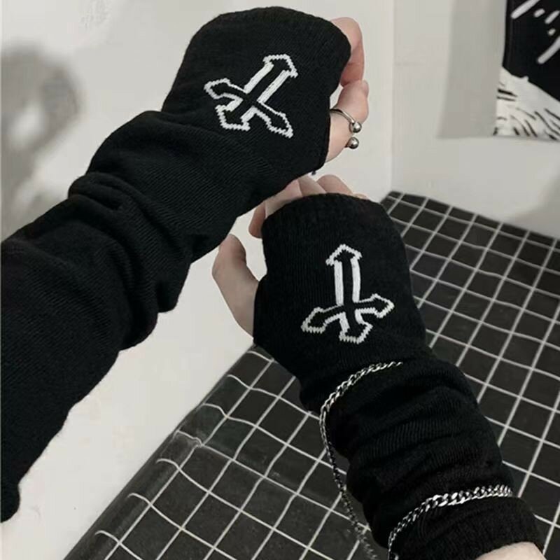 Punk Cross Pentacle Moon Pattern Long Fingerless Gloves Gothic Black Cuff Women Men Ninja Outdoor Cos Elbow Mittens Arm Warmers