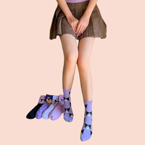 5คู่ถุงเท้าการ์ตูนผู้หญิงสีม่วง combed, ถุงเท้า midtube ถุงน่องแม่มดน้อยน่ารัก