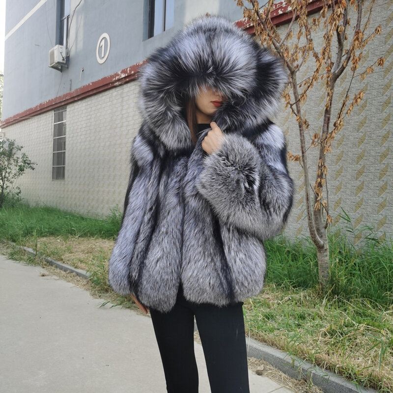 2023 Fashion Natural Silver Fox Fur Coat Vest Women  With Hood 100% Whole Skin Fur Winter Thick Soft Warm Fox Fur Jacket
