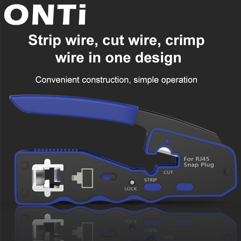 ONTi RJ45 Pass Through Crimper Tool e Rj45 Connector, Ethernet Crimping Tool, Wire Stripper Cutter para Cat6a Cat5