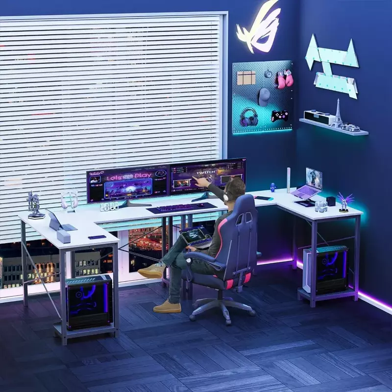 Escritorio de ordenador en L, escritorio de esquina para juegos, escritorio de escritura, mesa de PC con gancho para auriculares, soporte de CPU para el hogar
