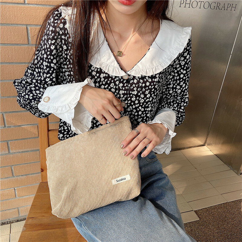 Corduroy bolsa cosmética feminina pano de algodão bolsa de maquiagem bolsa de viagem mão batom organizador casos moda zíper embreagem telefone bolsa