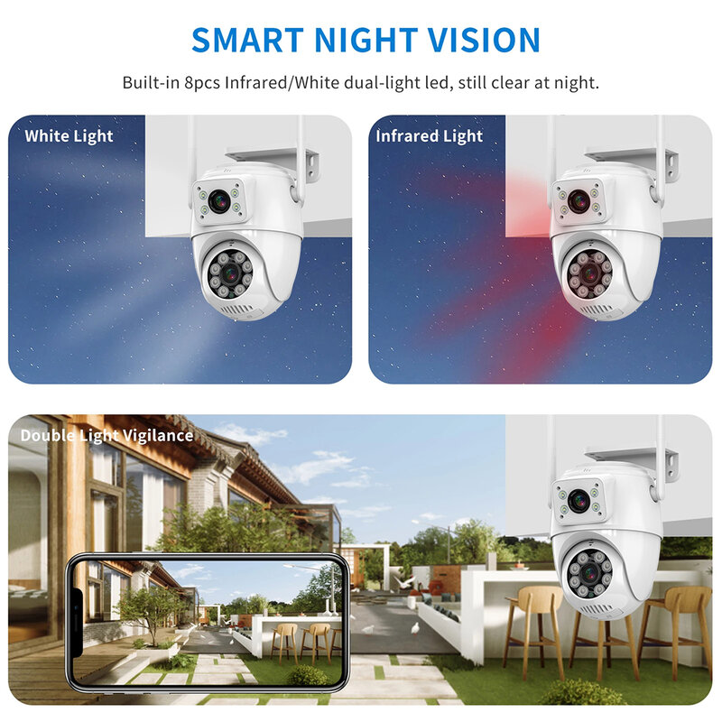 Kamera Video Wifi 4K 8MP HD, kamera keamanan lensa ganda PTZ IP CCTV nirkabel luar ruangan, penglihatan malam icsee pelacakan otomatis
