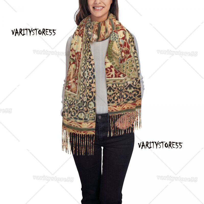 女性のためのwillamモリスヴィンテージスカーフ、ロングラップ、暖かいタッセルショール、花柄テキスタイルパターン、ユニセックススカーフ、冬の秋