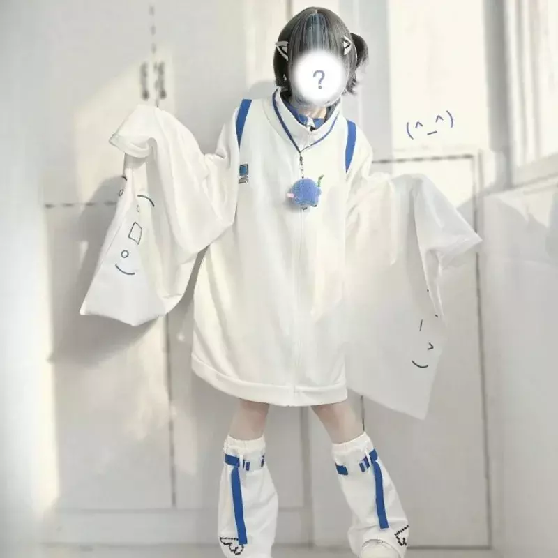 Harajuku Long Sleeve Zipper Cardigan Coat Women Mid-length Loose Sweatshirts+ White Leg Warmer 2024 Spring New Two Piece Sets