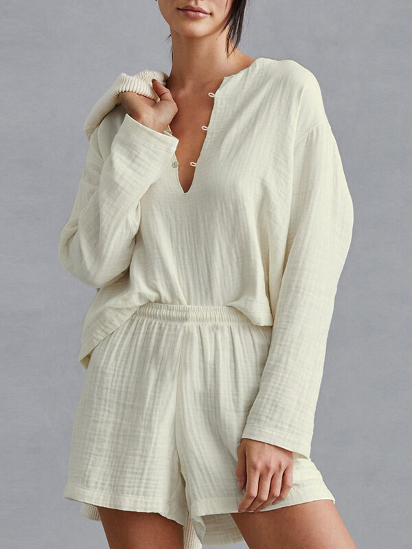 Marthaqiqi-Terno de pijamas femininos algodão damasco, pijamas sexy com o pescoço, camisolas de manga comprida, shorts, pijamas casuais, 2 peças