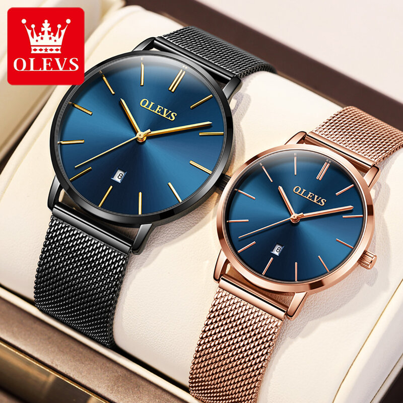 OLEVS 2023 New Hot Sale Fashion Couple Ultra Thin Watches for Men Women Luxury Stainless Steel Mesh Quartz Watch with Date