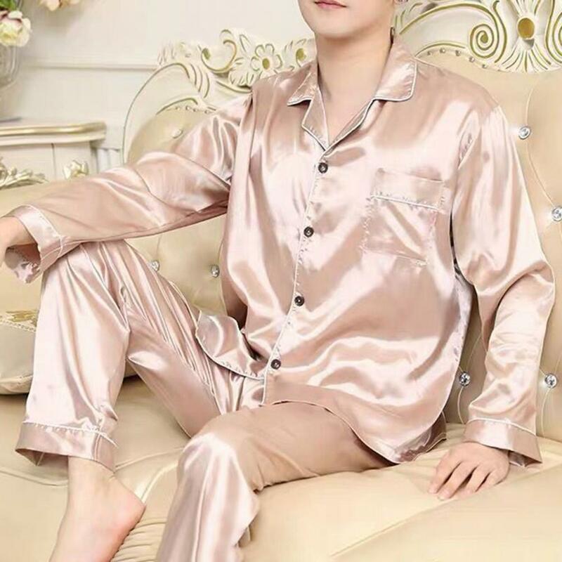 Conjunto de pijama cetim masculino, camisa manga longa, calça larga, roupa caseira macia, pijamas elegantes para outono e primavera