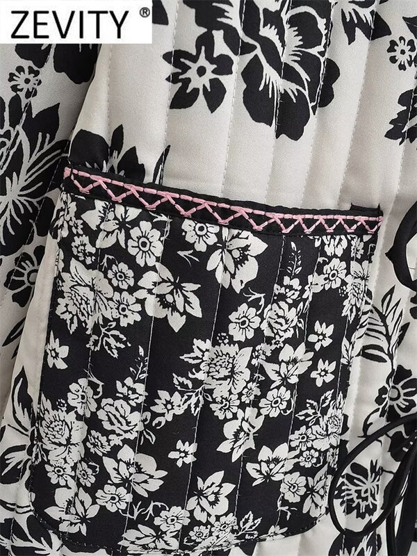 Zevity donna Vintage doppia stampa floreale Lace Up giacca di cotone cappotto femminile manica lunga tasche capispalla Casual Chic top CT2561