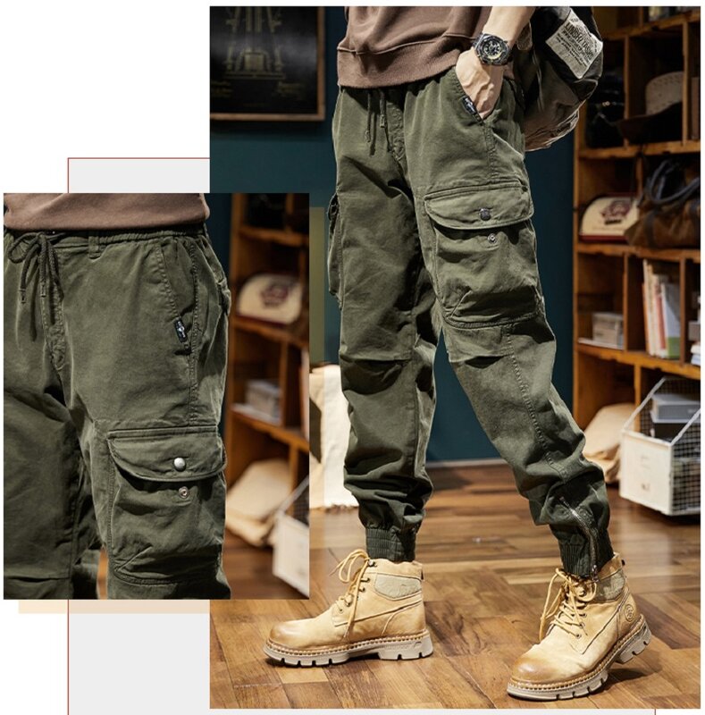 Pantalon en coton à taille élastique pour hommes, surintendant masculin, pantalon décontracté, mode militaire multi-poches, fjAutumn, printemps, nouveau