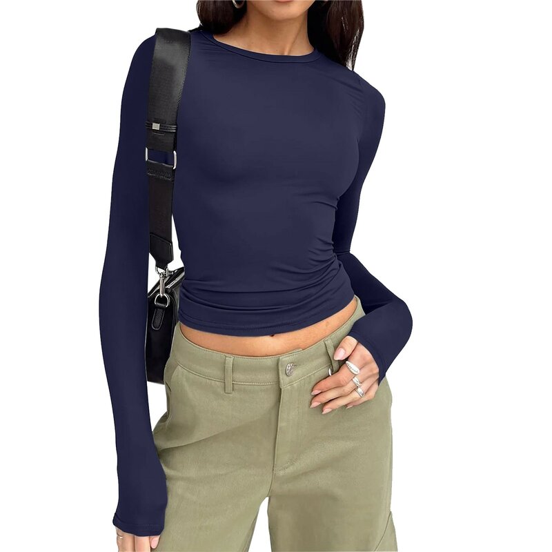 Kobiety koszulka z długim rękawem wiosna jesień Solid Slim Fit koszule na co dzień damskie swetry bluzka w stylu Basic ubrania Y2k Streetwear krótkie bluzki
