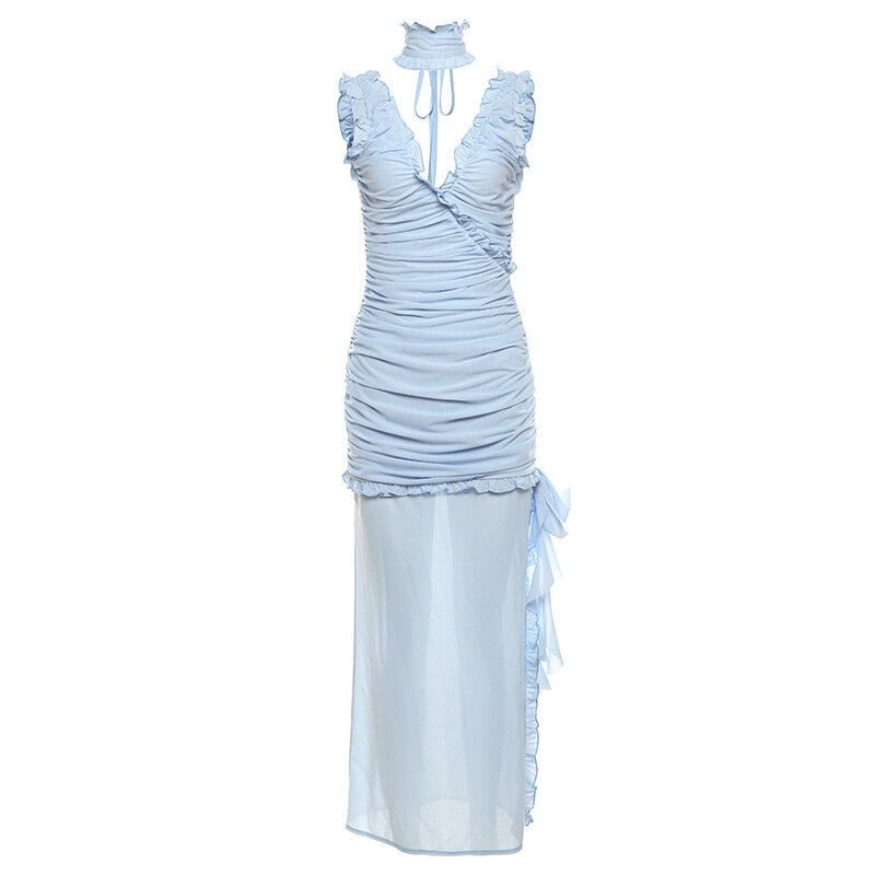 Light Blue Women's Prom Dress With Chokers V Neck Sleeveless Summer Long Maxi Party Gown Backless Skirt Robes In Stock