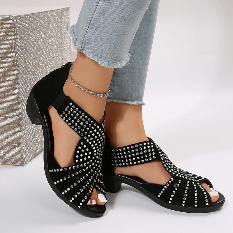 Новинка 2023, модные удобные сандалии, женская обувь для дома на молнии с кристаллами, женская обувь с открытым носком
