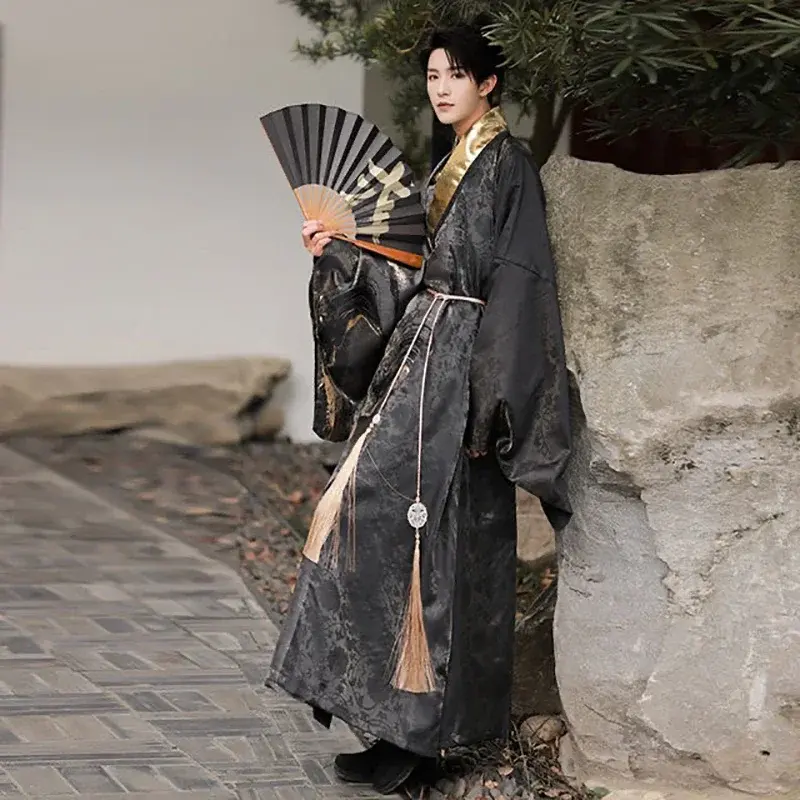 Jubah Dinasti Ming Cina, Hanfu nasional emas hitam kostum Cina kuno pakaian pria Hanfu jubah tradisional panggung Cosplay