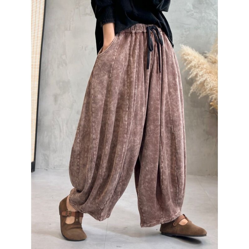 Pantalones bombachos de pierna ancha para mujer, pantalón holgado de punto desgastado, estilo Retro, talla grande, novedad de otoño, 2023