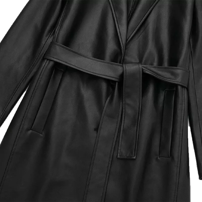 Autumn and Winter New Women Pu Leather Strap Waist Long Punk Lapel Trench Coat Leather Coat