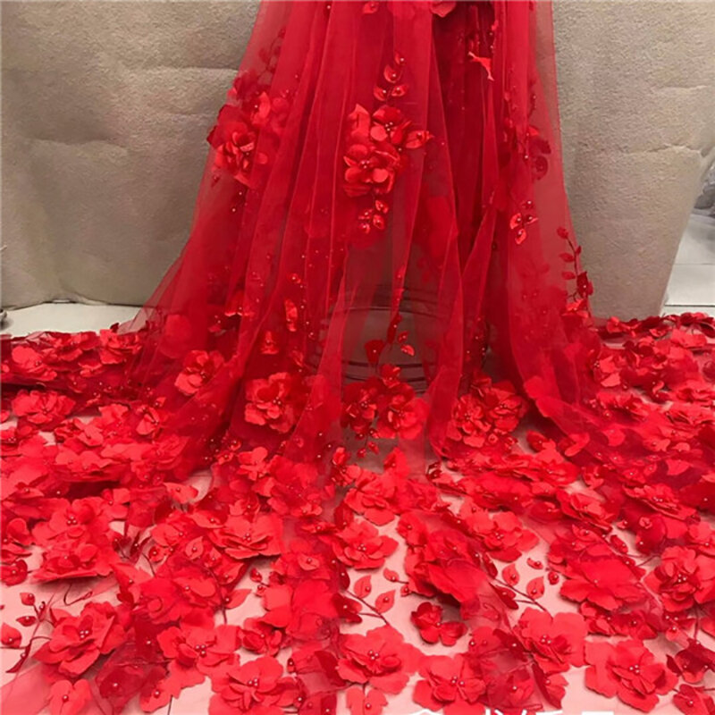 Tela de encaje con cuentas 3D blancas para novia, bordado de malla de alta calidad, apliques de flores 3D, tul nigeriano, LY1355, 2023