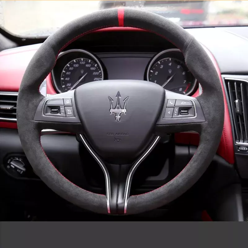 Kulit serat karbon Suede untuk Maserati Ghibli Levante Quattroporte tangan menjahit mobil penutup roda kemudi perlindungan lengan Interior