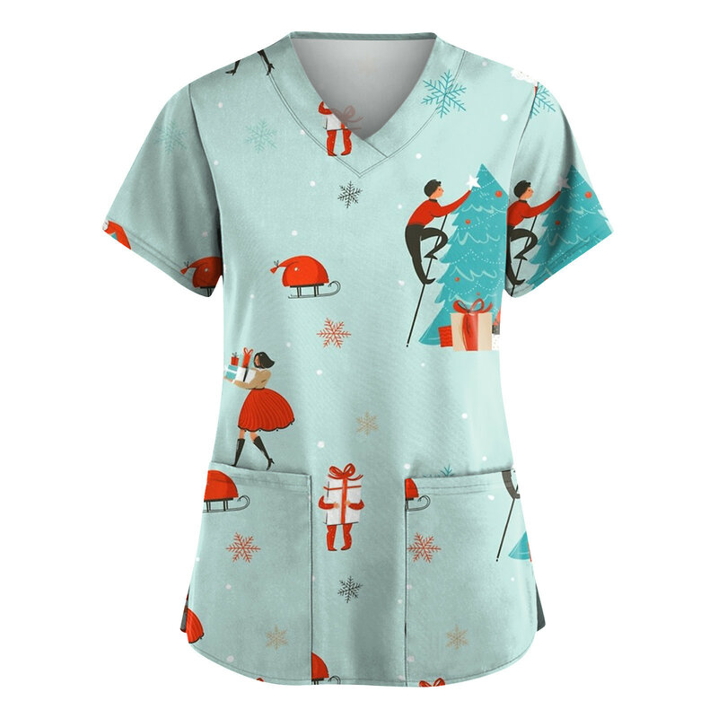 Atasan Gosok untuk Wanita Blus Kerja Atasan Leher-v Lengan Pendek Print Selamat Natal Fashion Kaus Perawat Klinik Wanita Seragam