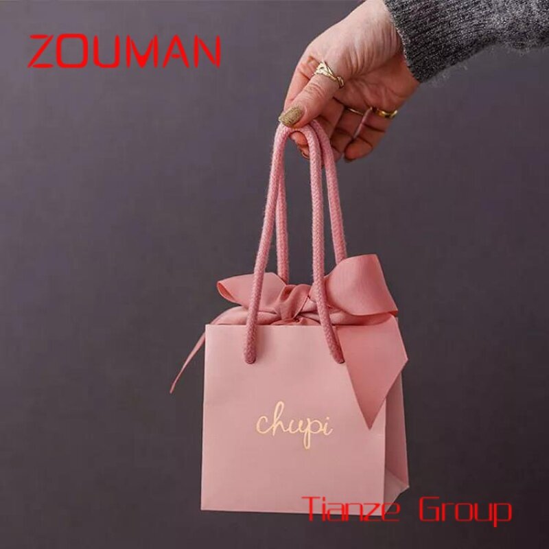 Großhandel Boutique Private Label elegante Luxus kleine schwarz rosa Schmuck Geschenk verpackung Einkaufs papiertüten mit Ihrem eigenen Logo