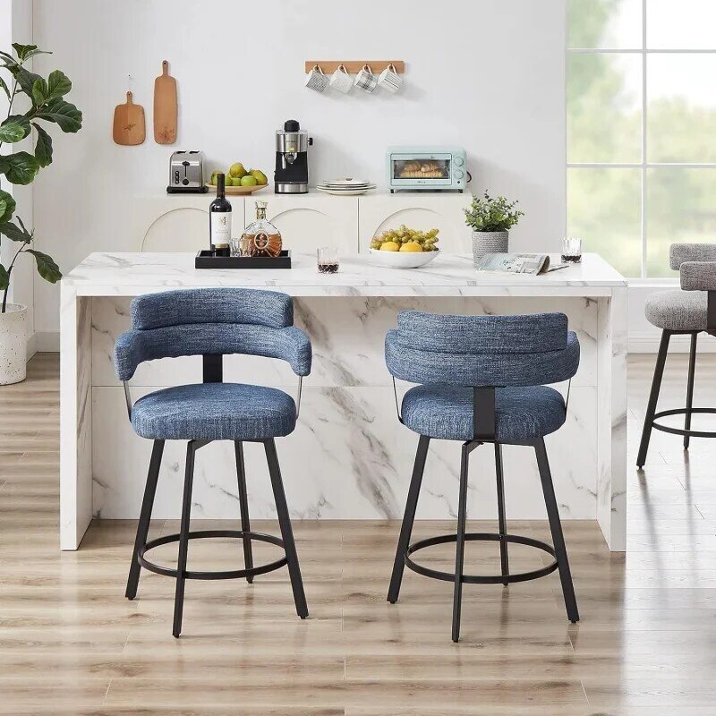 Counter Height Bar Stools with Full Back-Swivel Bar Chairs Modern Barstools Set of 2 with Linen Padded Back,Metal Footrest for I