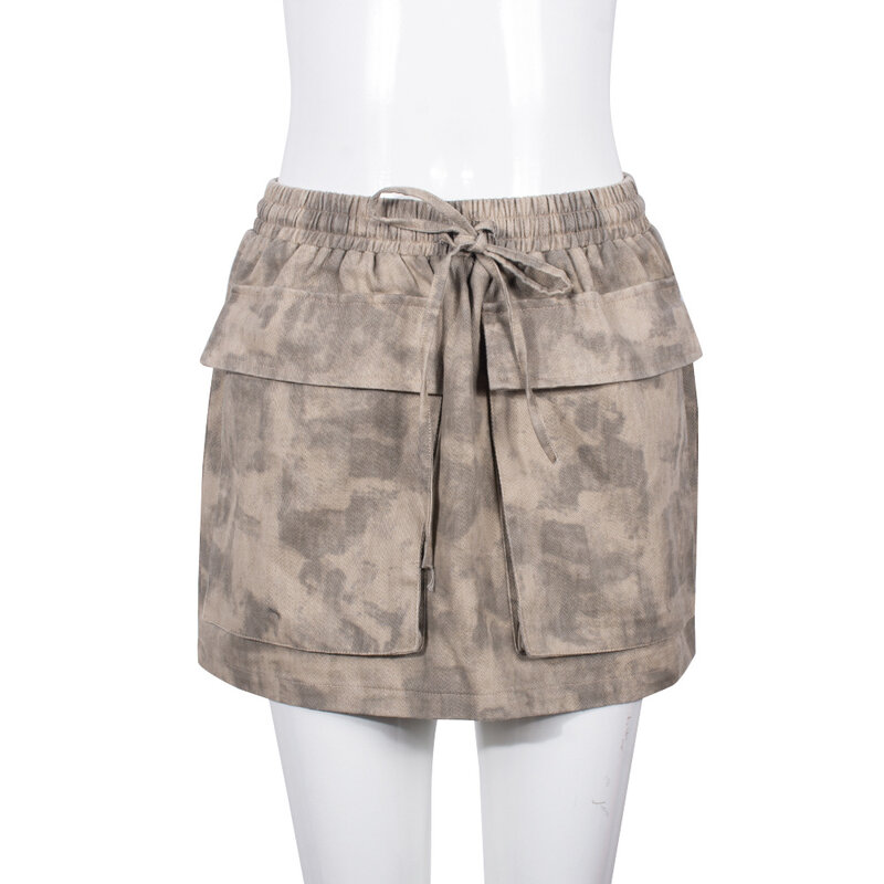 LW Camo Print Drawstring Skirt Camouflage Bodycon Skirt Women Elastic High Waist Slant Pockets Skirt Hip Hop Mini Skirts