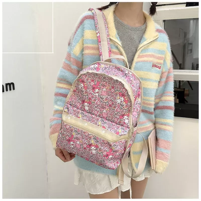 Sanrio Melody Student Schoolbag, desenhos animados, leve, casual, impermeável, grande capacidade, mochila de faculdade, novo