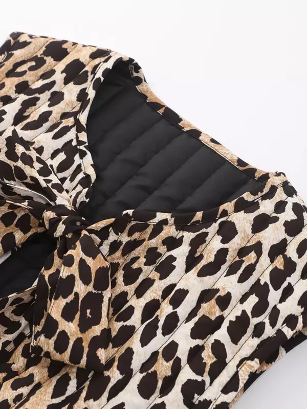 Leopard Print Lace Up Bow Vest Women Vintage Elegant V-Neck Hollow Out Sleeveless Lady Top Summer Split Casual Female Blouses