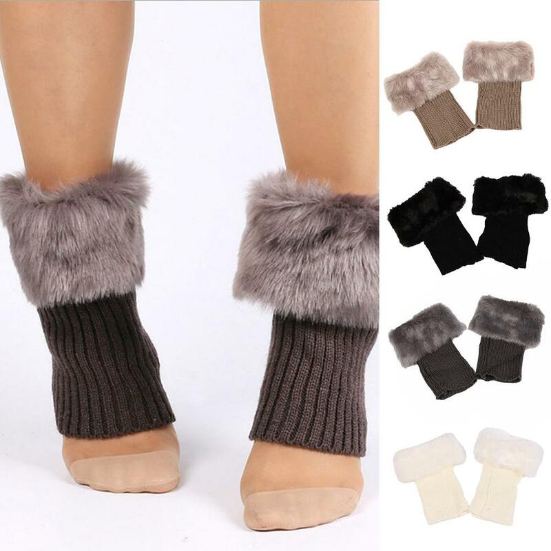 Kaus kaki wol pelindung sepatu bot untuk wanita, sepatu bot hak tinggi penghangat kaki musim dingin rajut bulu palsu potongan kaki sepatu bot kaus kaki Acce B7B0