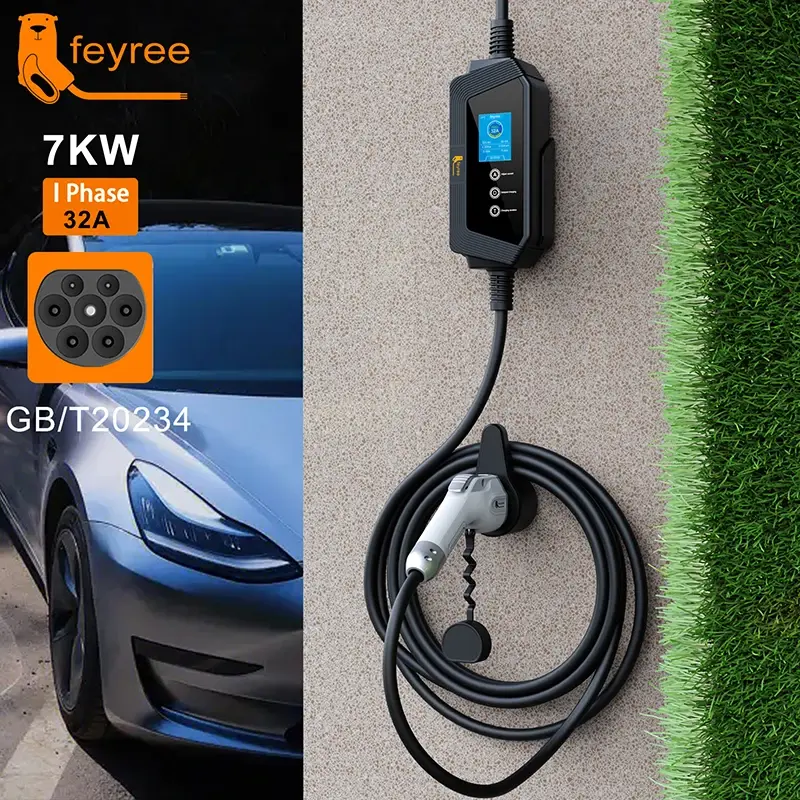 Feiyree-電気自動車用のeeプラグ付きポータブル充電器、車の充電器、7kw、32a、1相、gbt充電器、5mケーブル、evse充電ボックス