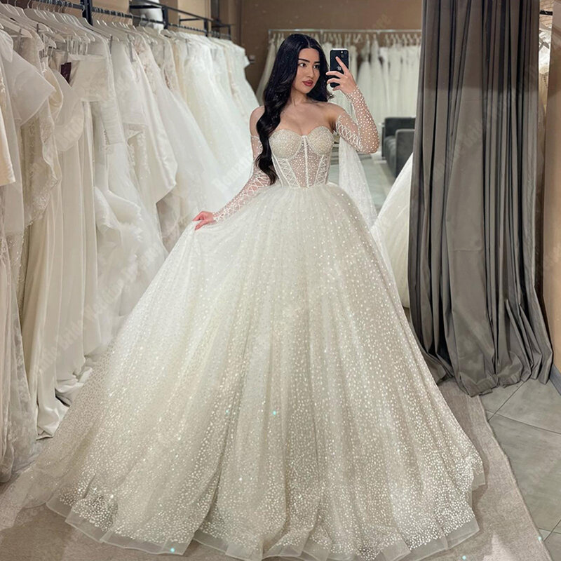 Abiti da sposa da donna luminosi di lusso al largo della spalla abiti da sposa a-line lunghezza di lavaggio principessa fidanzamento Vestidos De Novias