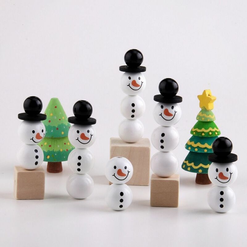 20Pcs/Pack Snowman Snowman Round Wooden Beads Round 20MM Winter Wooden Beads Wooden Buffalo Plaid Snowman Wood Loose Craft Beads