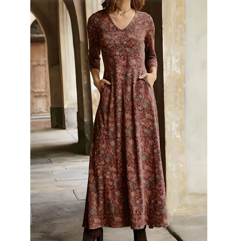 2023 Autumn New Commuter Versatile Temperament Women's Clothing Fashion Print Splice Pockets V-neck Long Sleeve A-line Dress
