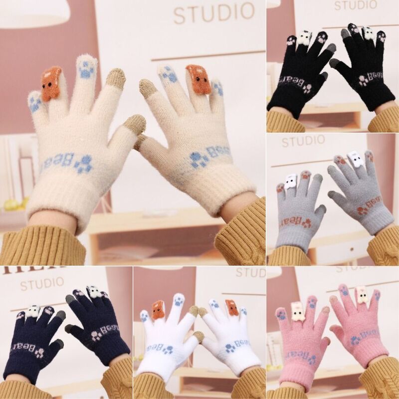 Cute Bear Winter Plush Gloves Korean Warm Windproof Cycling Gloves Thickened Riding Touch Screen Gloves Women