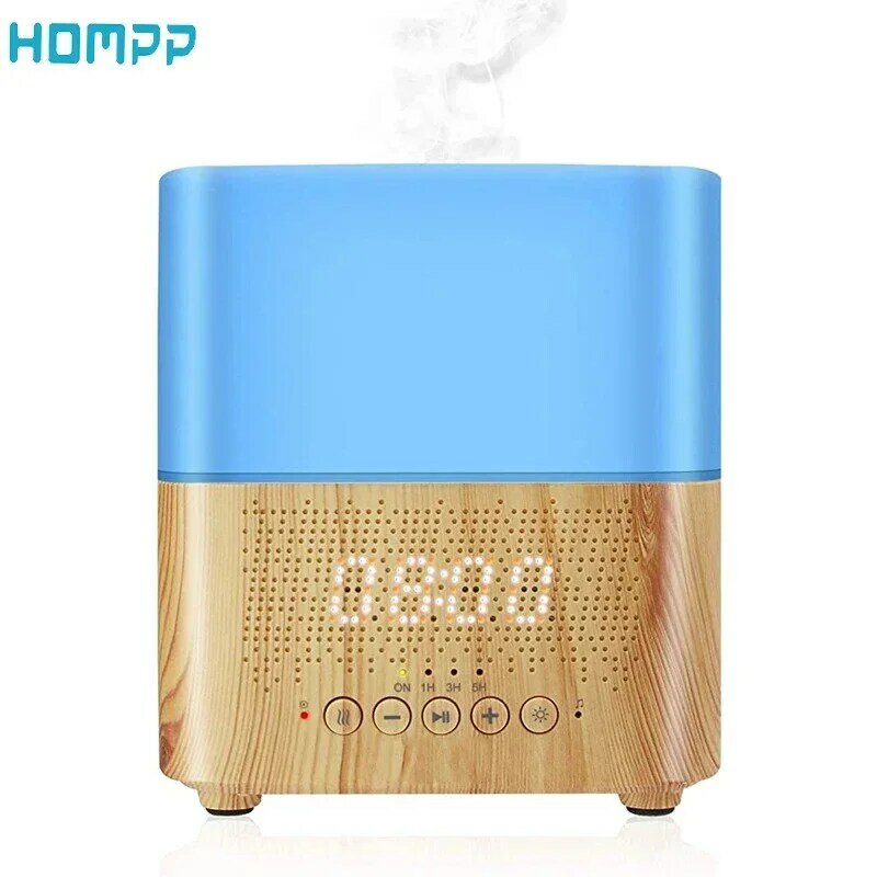 Humidificador de reloj de grano de madera con Bluetooth, Difusor de aceite esencial de música, aroma fresco fragante, fabricante de niebla con 7 luces LED, 300ml