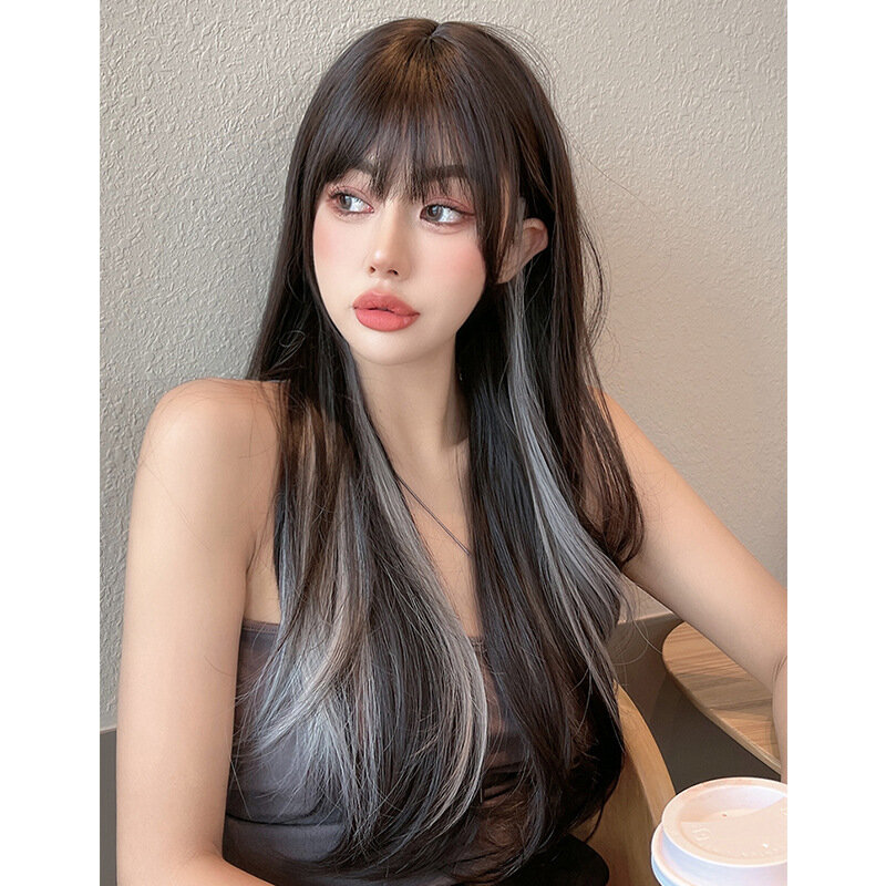 Women's wig 26 inches long brown blonde air bangs long straight natural charming wig water ripple curly hair wavy glue-free wig