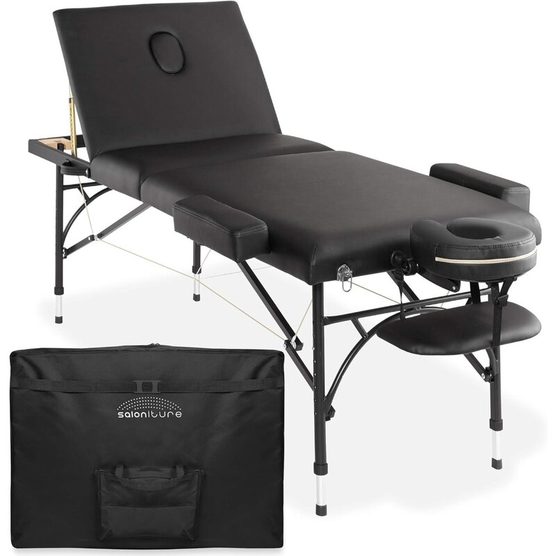 Saloniture Professional Portable Lightweight Tri-Fold Massage Table with Aluminum Legs - Includes Headrest, Face Cradle