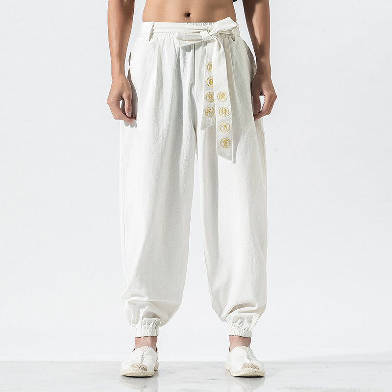 Bawełniane lniane spodnie męskie luźne spodnie z elastycznym pasem spodnie haremki męskie wiosenne spodnie dresowe dla joggerów męskie nowa, w stylu Streetwear