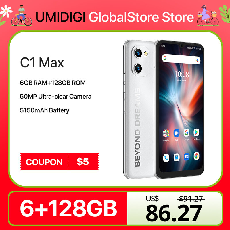 UMIDIGI-C1 Max Smartphone, G1 Max, Unisoc T610, 6GB + 128GB, Câmera 50MP, Bateria 5150mAh, Dual SIM, 4G Celulares, Versão Global