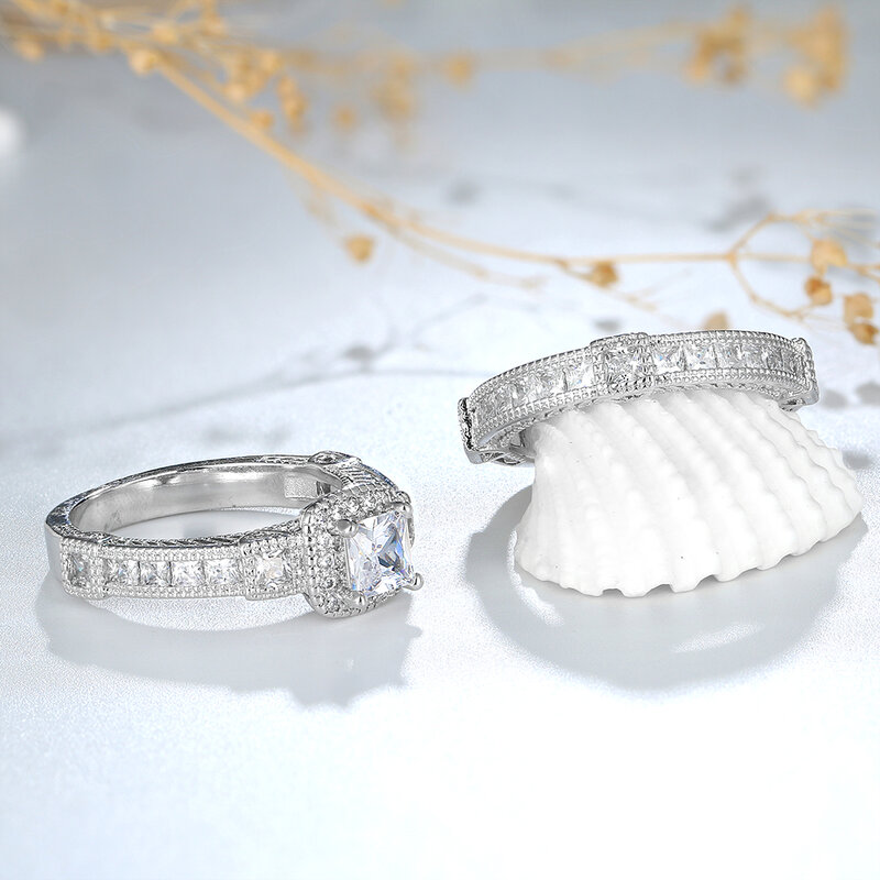 Conjunto de anéis de noivado de casamento anel de prata de luxo brilhando anéis de zircão quadrado para mulheres presente de jóias finas por atacado