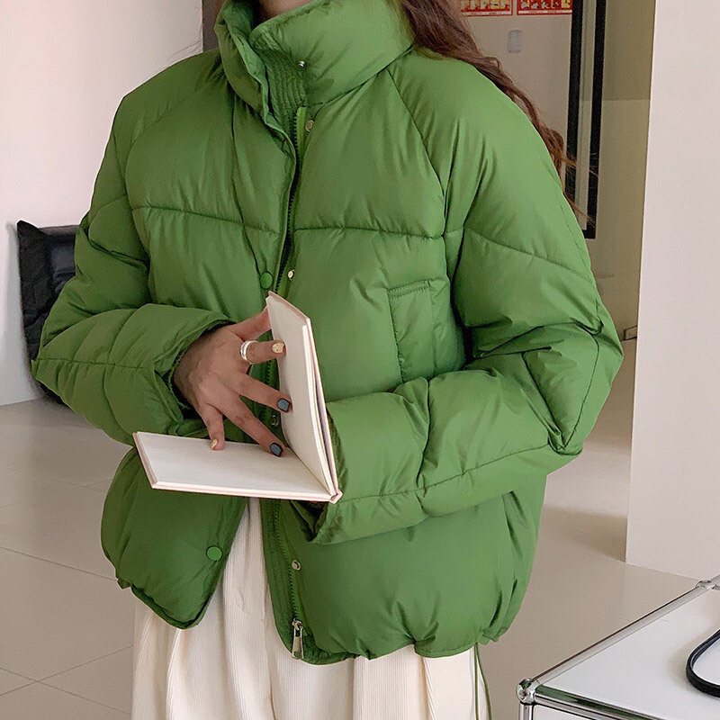 Fdfklak 여성용 따뜻한 단색 재킷, 한국 패션 코트, 스탠드업 칼라 파카, 루즈 다운 코튼 패딩 재킷, 겨울 신상