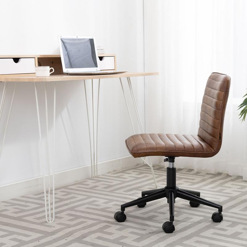 Silla de escritorio sin brazos giratoria de cuero con ruedas, silla de oficina en casa tapizada, respaldo medio, silla ajustable para dormitorio, sala de estar