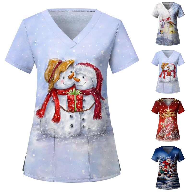 Christmas Nurse Uniform Scrubs Tops Womens Xmas Cartoon Tree Print Short Sleeve Pocket Overalls Uniforms Medical Nursing Blouse