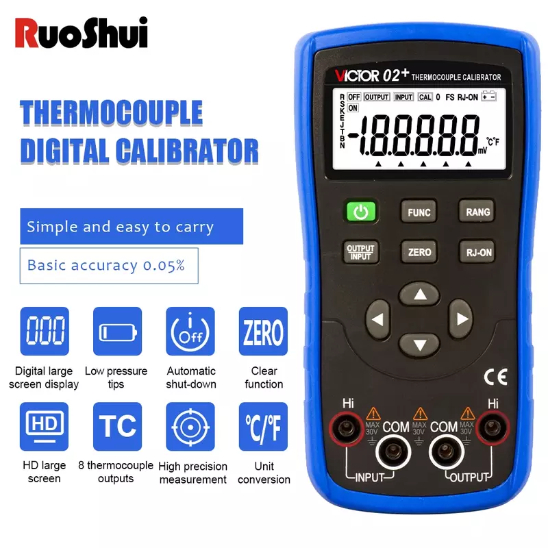 Calibrador termopar VICTOR 02 + RTD Imput y fuente de salida, 8 tipos de medición R/S/K/E/J/T/B/N, simulador TC