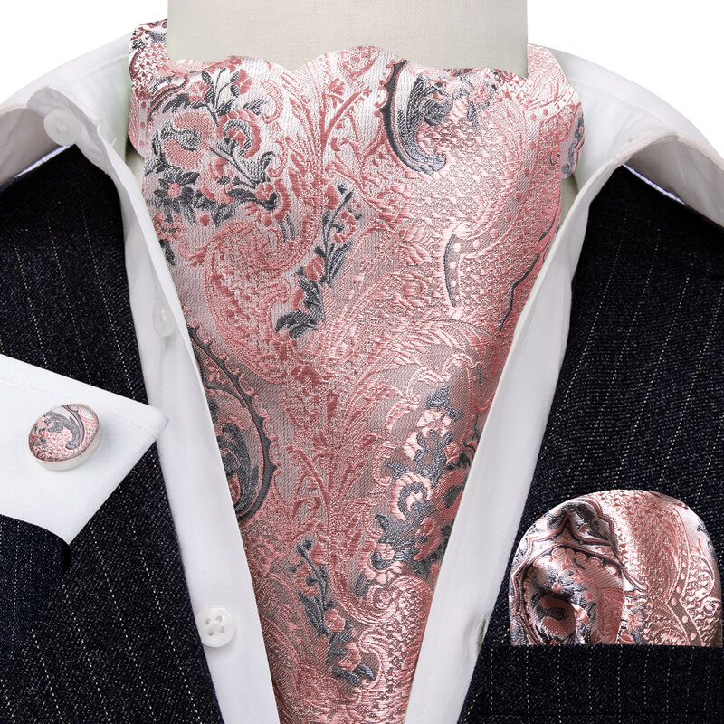 Barry.Wang Silk Men's Ascot Pocket Square Cufflinks Sets Luxury Jacqaurd Cravat Tie For Male Formal Casual Wedding Business Gift