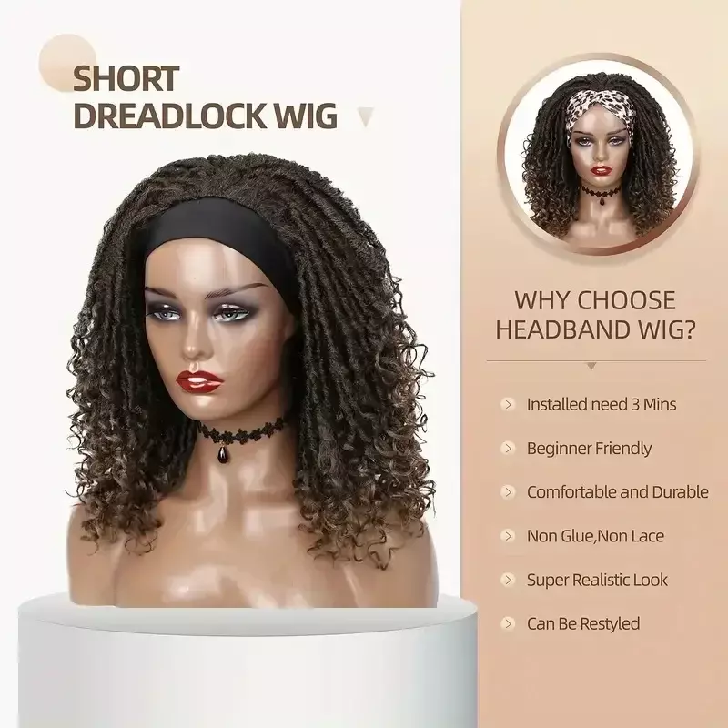 Perucas Dreadlock curtas para mulheres, ombre, marrom, faux locs, headband, trançado perucas, cabelo encaracolado, sintético Locs, cabelo crochê